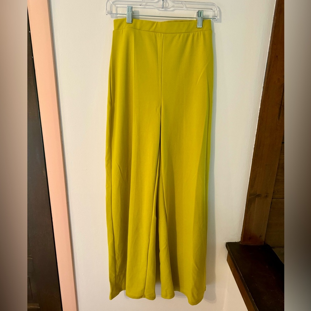 Elastic waist chartreuse wide leg pant trouser